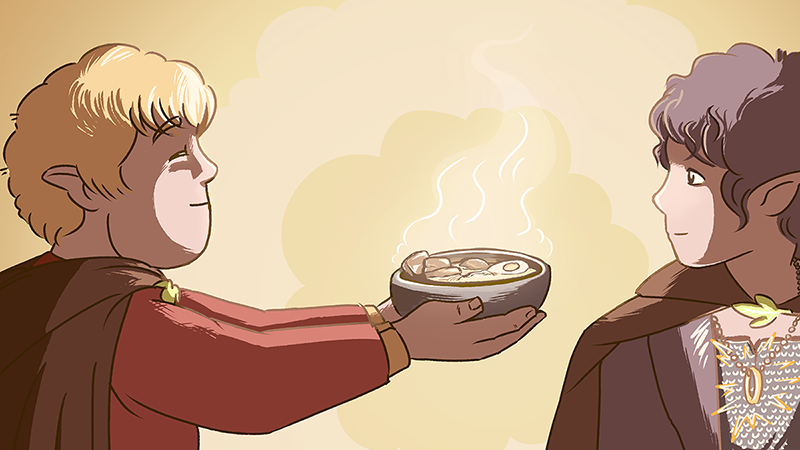 Sam cooking ramen to Frodo